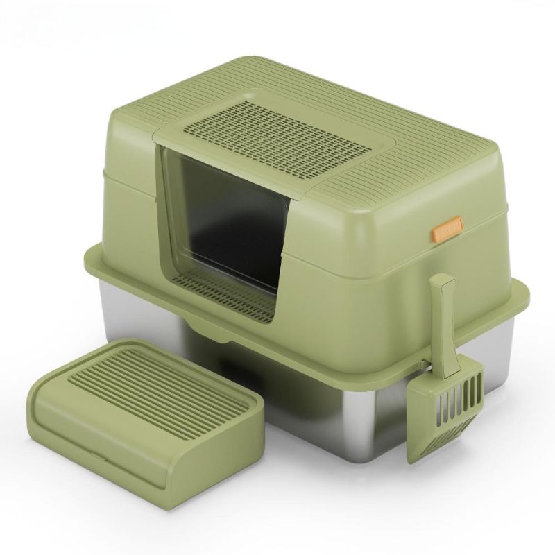 Modern Large Size Enclosed Stainless Steel Cat Litter Box with Spacious Design and Easy Cleaning