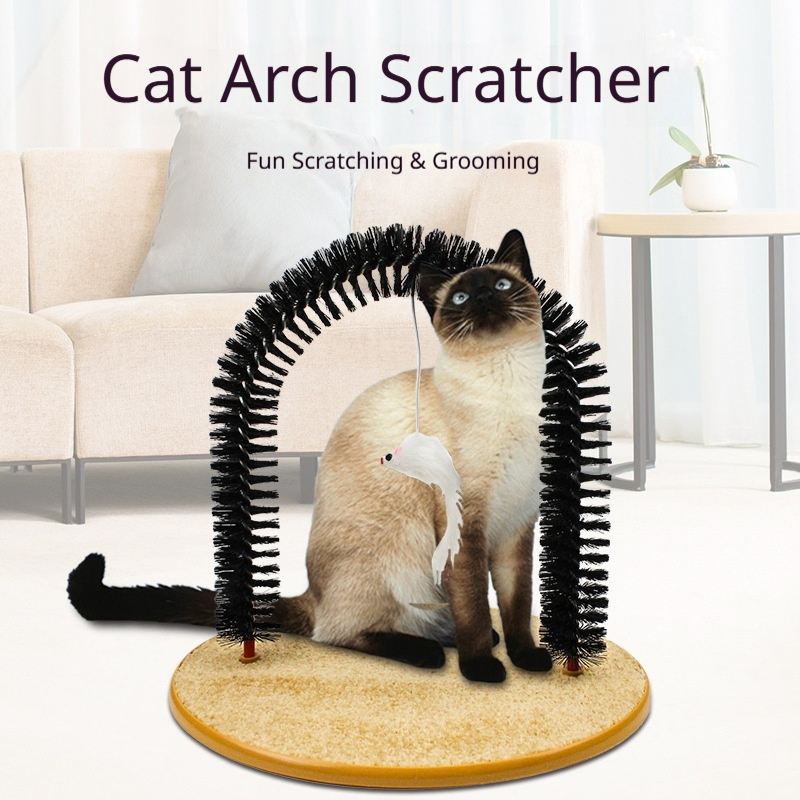 4-in-1 Cat Self Groomer and Arch Scratcher with Durable PVC Brushes and Compact Design for Interactive Play