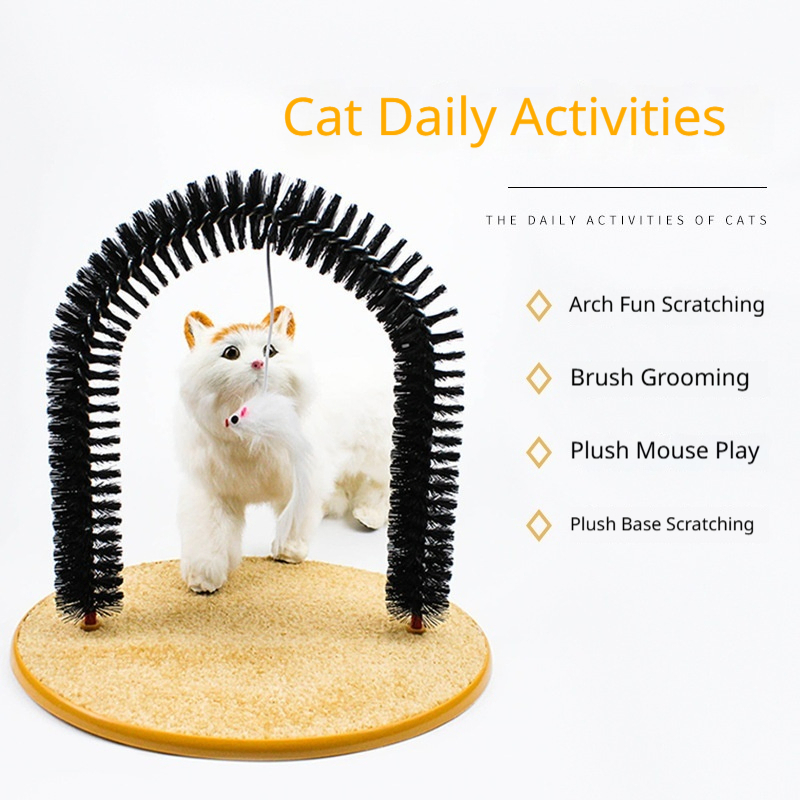 4-in-1 Cat Self Groomer and Arch Scratcher with Durable PVC Brushes and Compact Design for Interactive Play