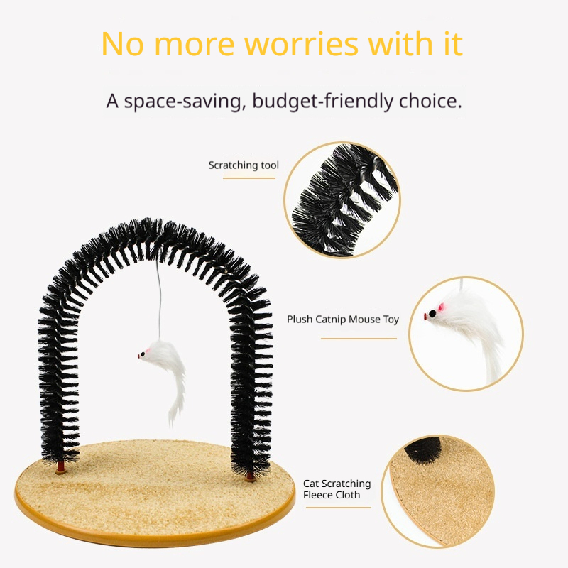 4-in-1 Cat Self Groomer and Arch Scratcher with Durable PVC Brushes and Compact Design for Interactive Play