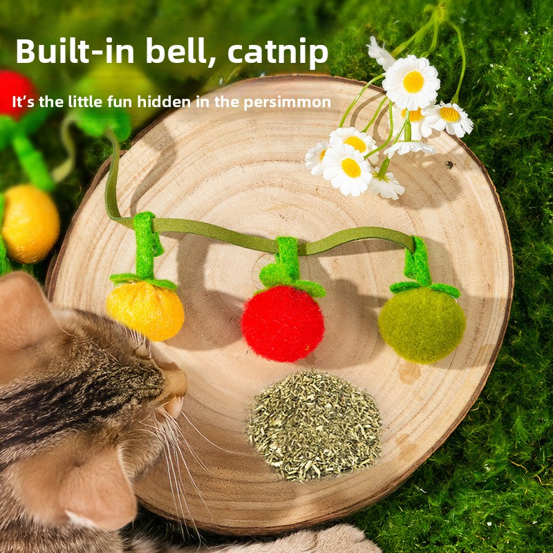 Cotton Rope Cat Teaser Stick with Small Persimmons Cherry Tomatoes and Bell Attachment Interactive Cat Toy