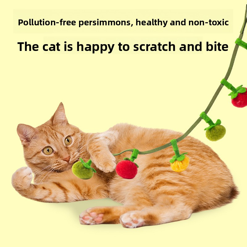 Cotton Rope Cat Teaser Stick with Small Persimmons Cherry Tomatoes and Bell Attachment Interactive Cat Toy