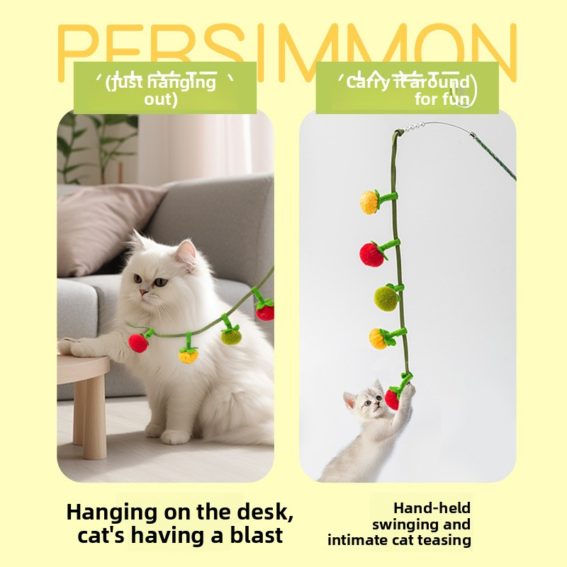 Cotton Rope Cat Teaser Stick with Small Persimmons Cherry Tomatoes and Bell Attachment Interactive Cat Toy