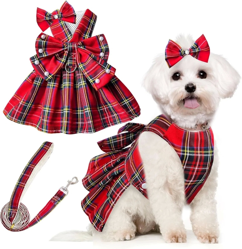 Cute Polyester Dog Dress with Plaid Bow Tie for Comfortable Fit Small Dogs