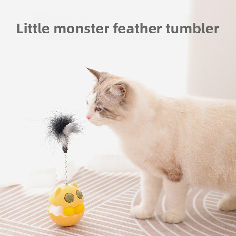 Self-Righting Cat Toy with Feather and Bell Teaser Wand for Interactive Play Medium Size