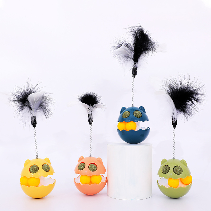 Self-Righting Cat Toy with Feather and Bell Teaser Wand for Interactive Play Medium Size