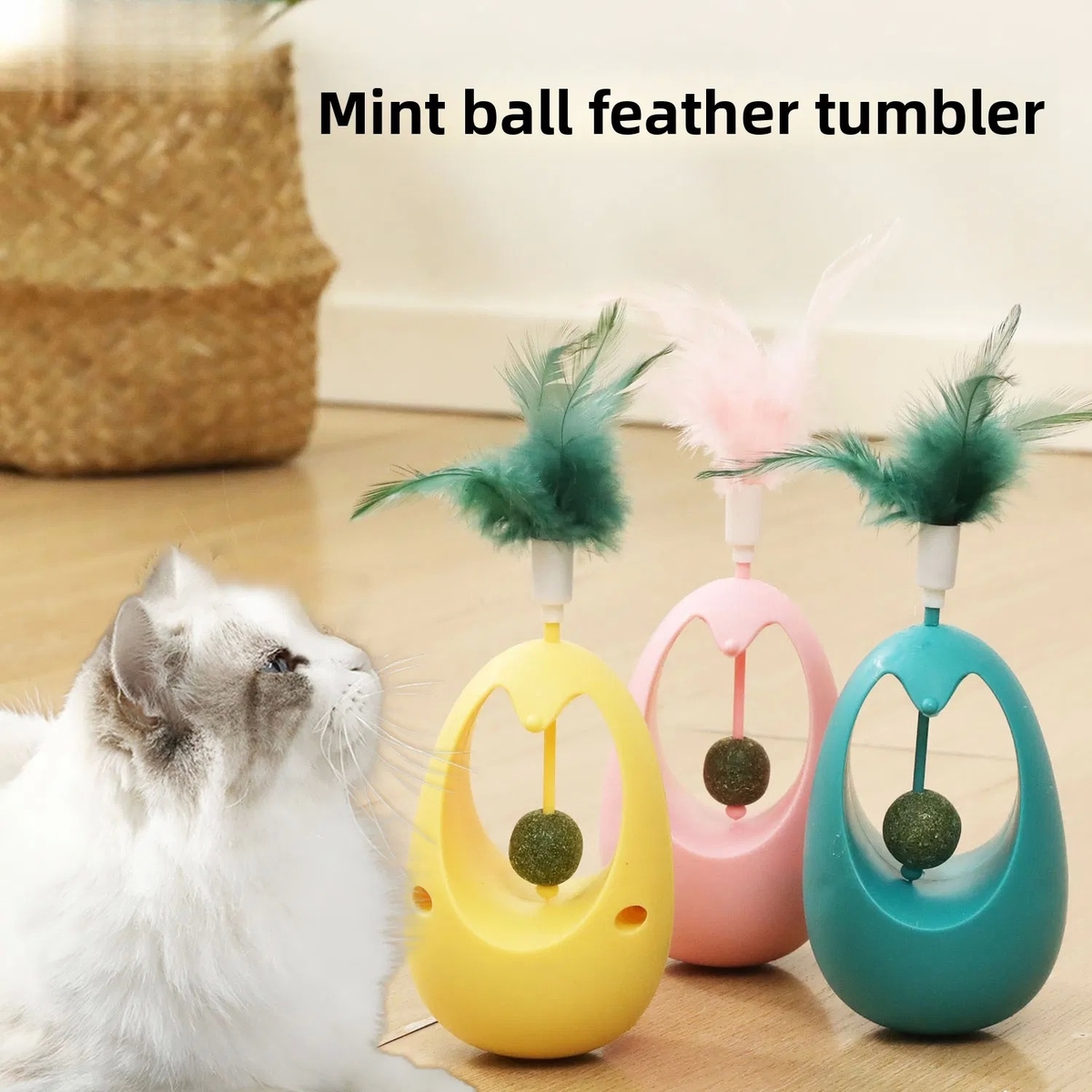 Plastic Material Medium Size Interactive Cat Toy with Feather Teaser and Boxed Packaging