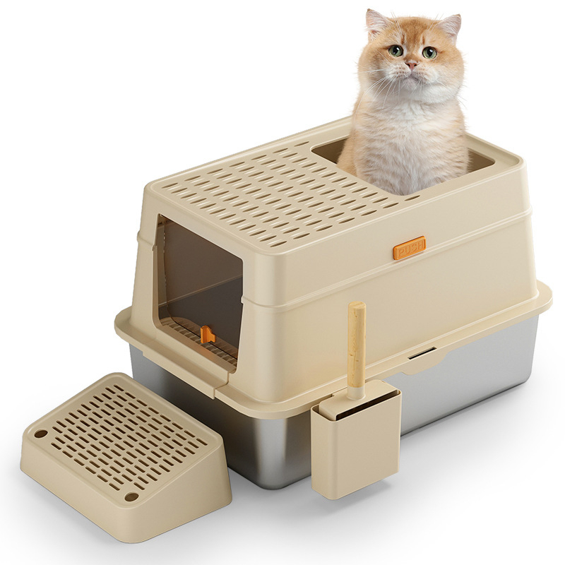 Enclosed Stainless Steel Cat Litter Box with Large Internal Space for Enhanced Privacy and Comfort