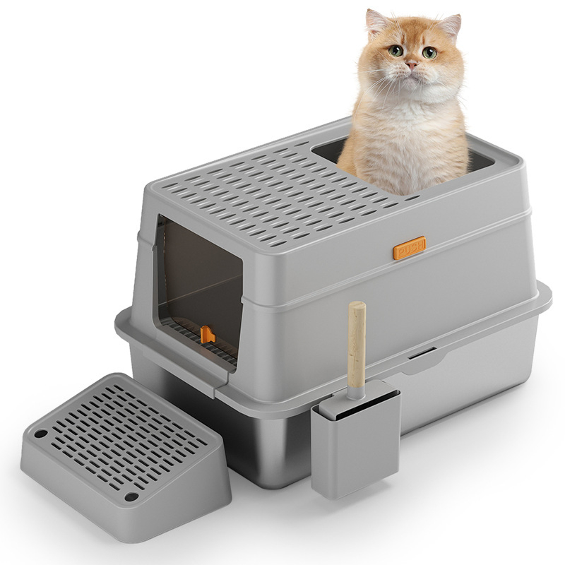 Enclosed Stainless Steel Cat Litter Box with Large Internal Space for Enhanced Privacy and Comfort