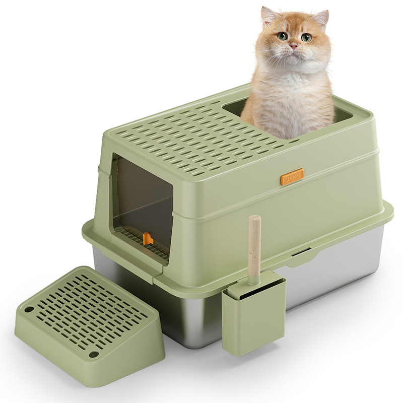 Enclosed Stainless Steel Cat Litter Box with Large Internal Space for Enhanced Privacy and Comfort