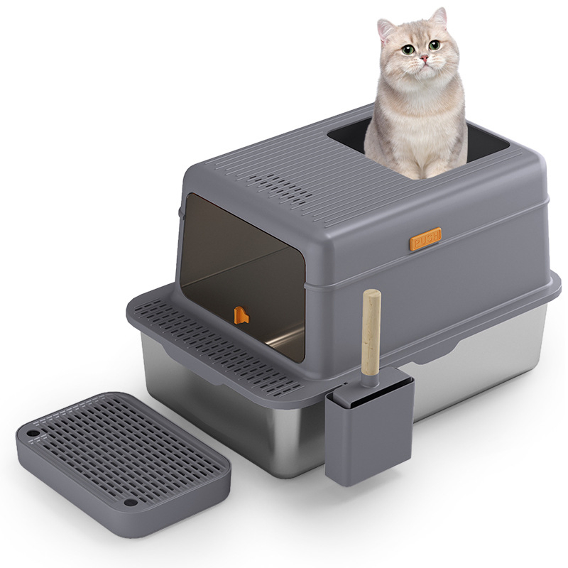 Stainless Steel Enclosed Cat Litter Box with Large Internal Space and Durable Stainless Steel Material