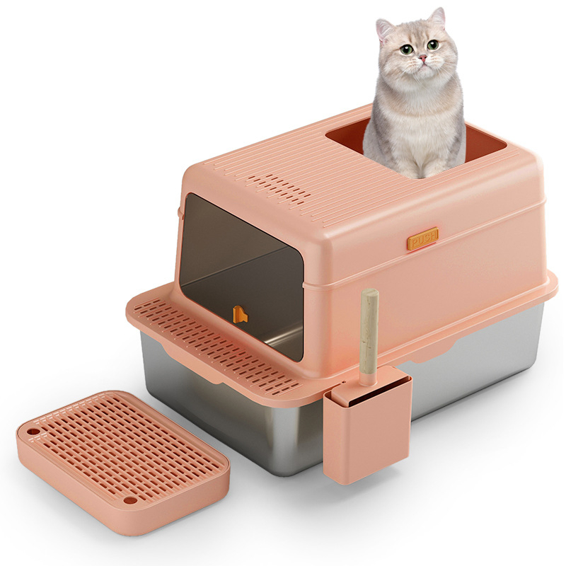 Stainless Steel Enclosed Cat Litter Box with Large Internal Space and Durable Stainless Steel Material