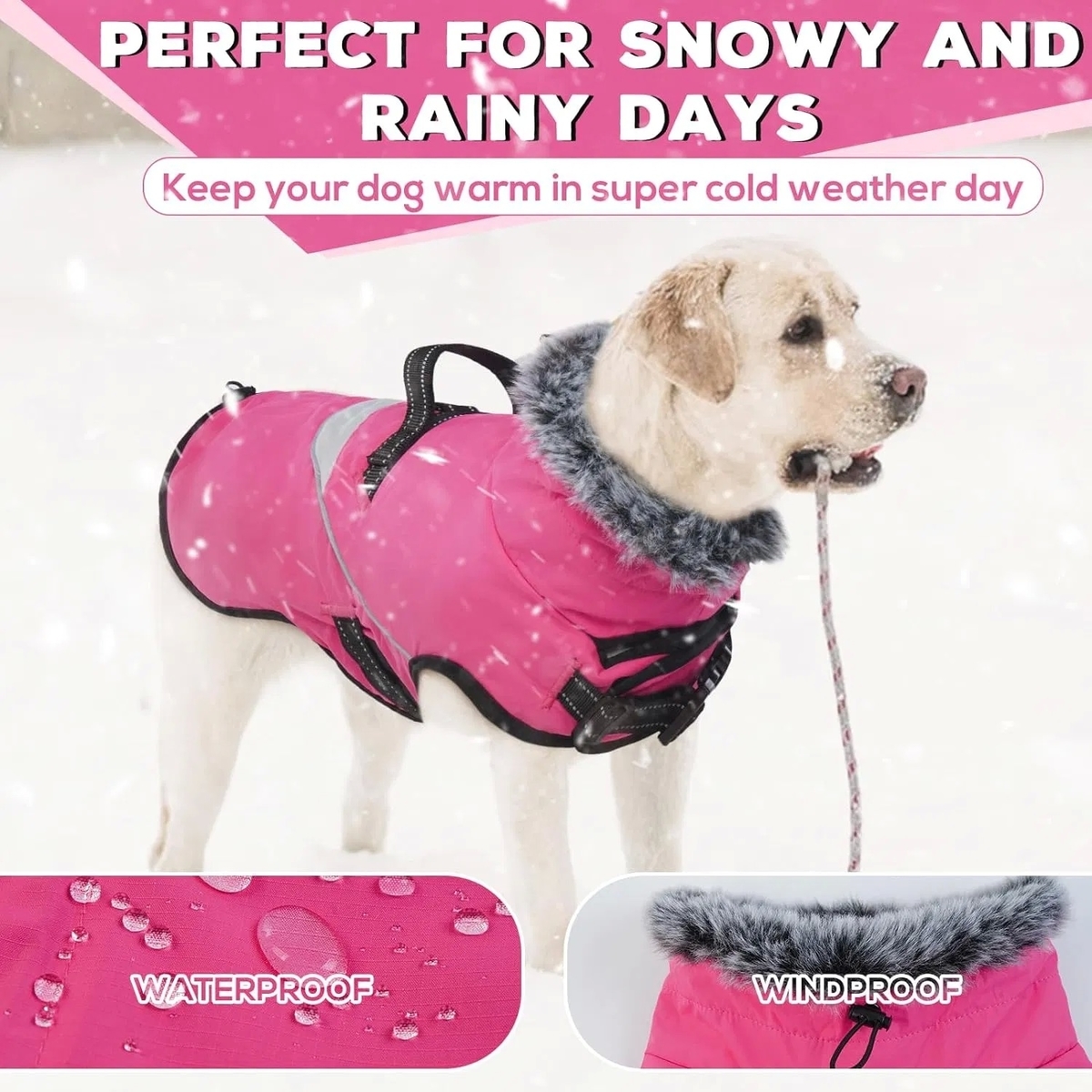 Adjustable Waterproof Dog Jacket with Reflective Strip - Fleece Turtleneck Winter Coat for Dogs