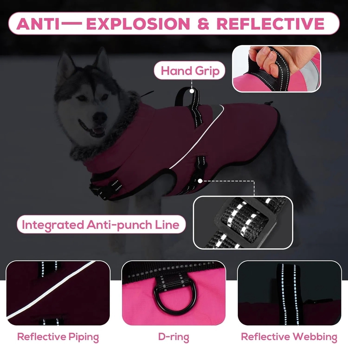 Adjustable Waterproof Dog Jacket with Reflective Strip - Fleece Turtleneck Winter Coat for Dogs